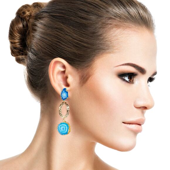 Geode Earrings Turquoise Gold Plated Dangle Earrings Handmade - Picture 3 of 3